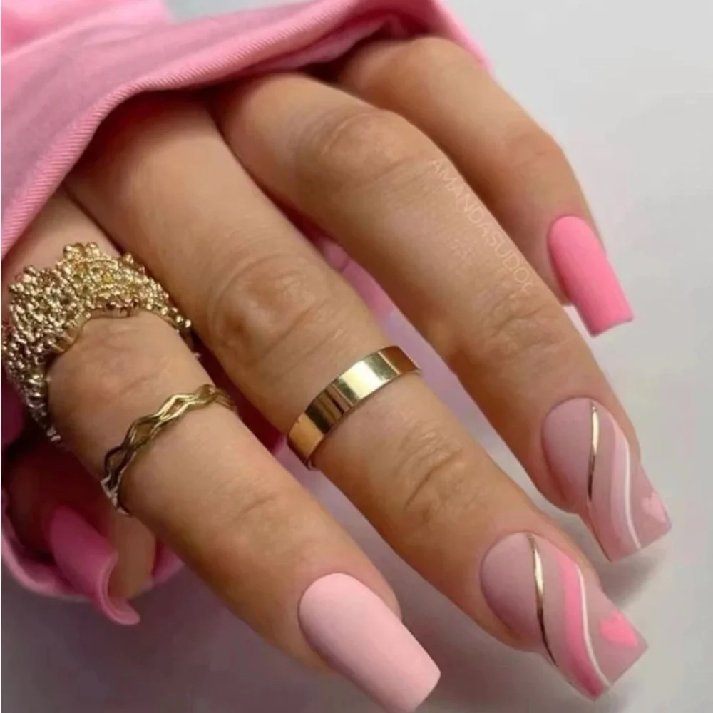 HOT 🔥 Pimk Swirl Coffin Medium Press On Nails - Picture 1 of 3